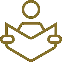 Gold icon of a human reading an open pamphlet